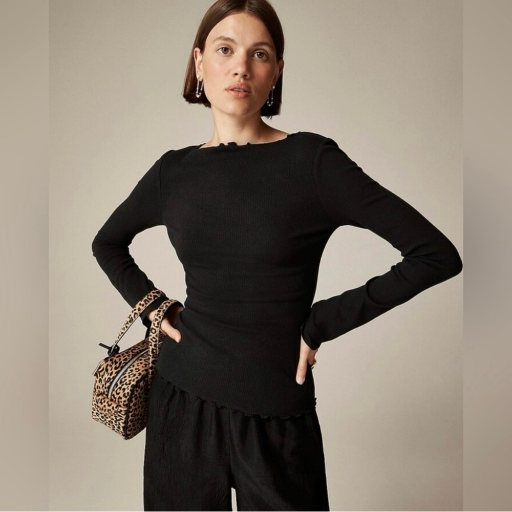 J. Crew Vintage Rib boatneck T-shirt Long Sleeve Lettuce Trim Black